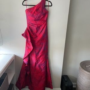 Rickie Freeman for Teri Jon One-Shoulder Side-Ruffle Gown in Fuchsia Red